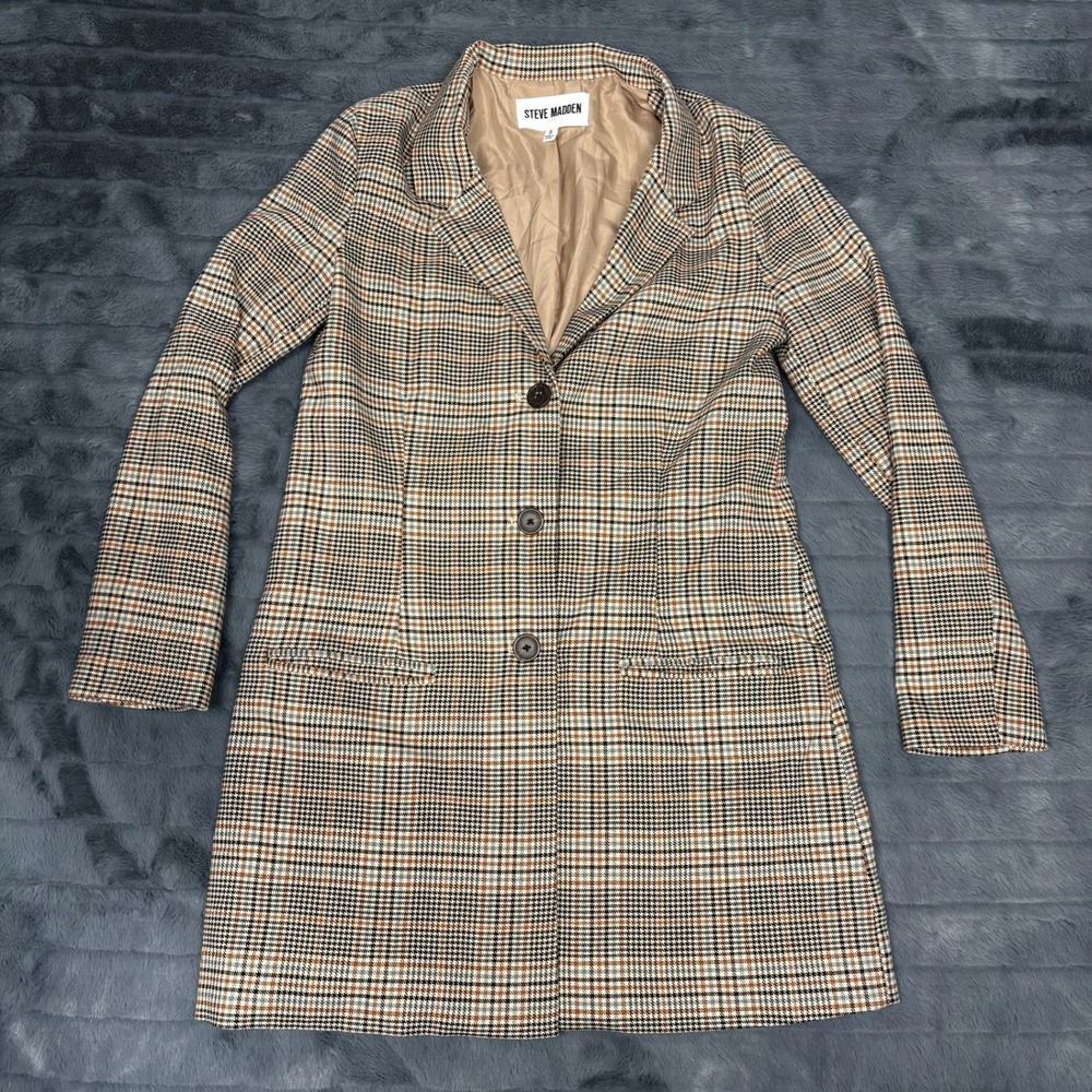Steve Madden Womens Plaid Longline Blazer Coat Tan Black Blue BL302462 Small